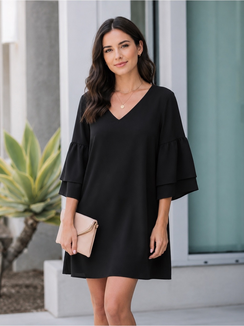 Cupshe Black V-neck Flared Sleeve Short Dress